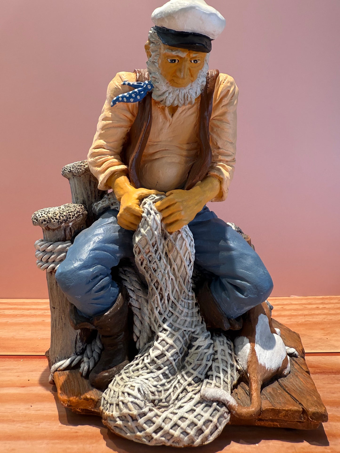 Hand-Painted Nautical Fisherman Figurine with Dog & Fish Barrel – Coastal Decor by Thorne