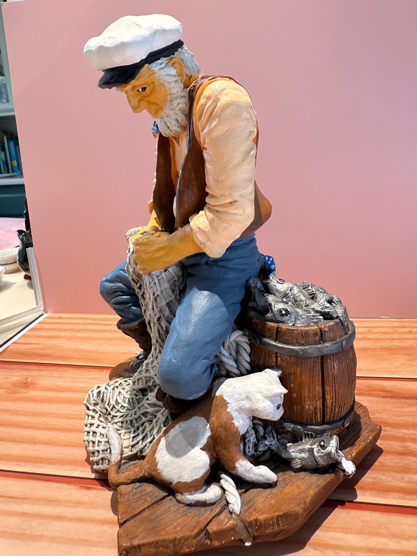 Hand-Painted Nautical Fisherman Figurine with Dog & Fish Barrel – Coastal Decor by Thorne