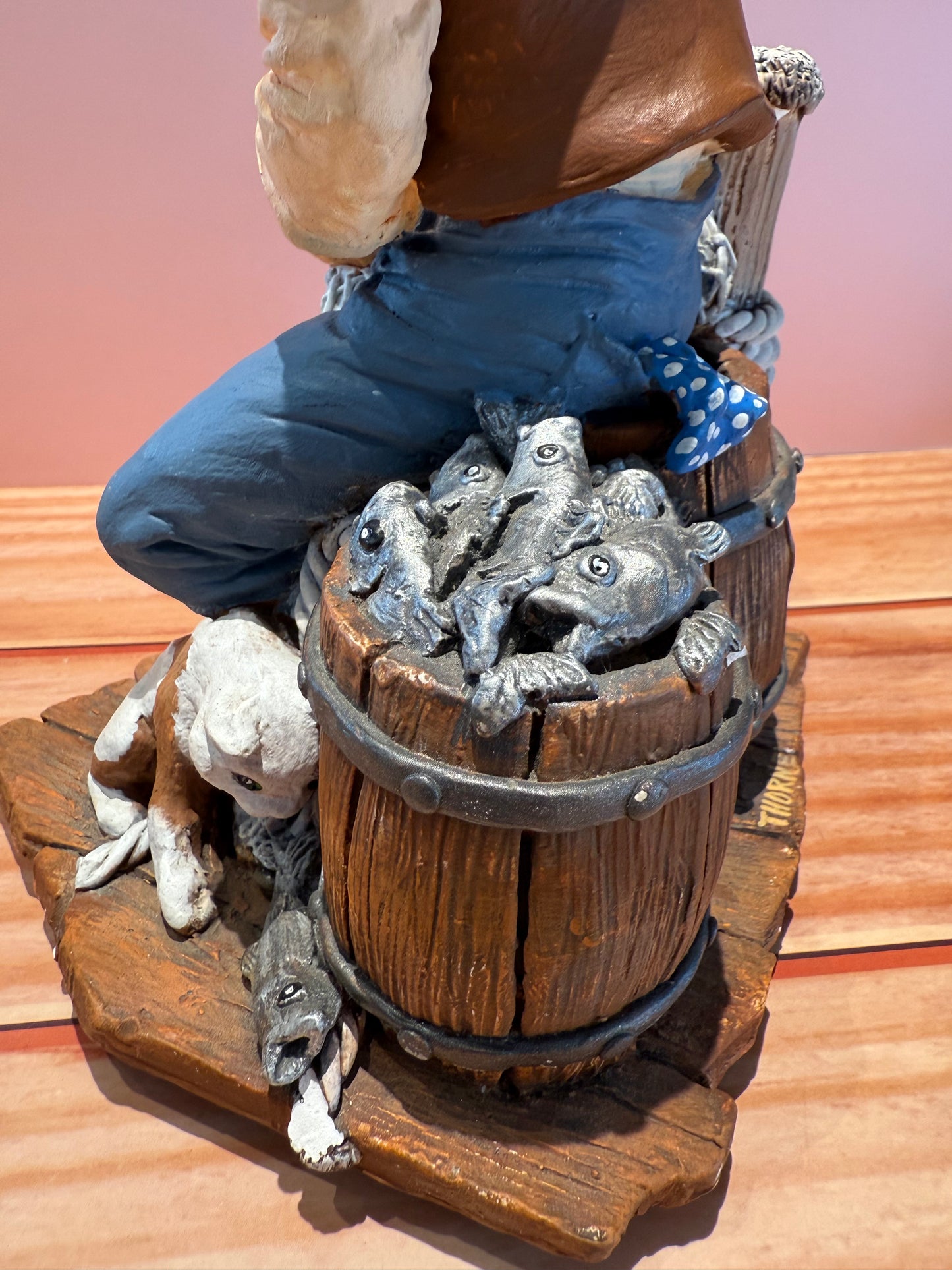 Hand-Painted Nautical Fisherman Figurine with Dog & Fish Barrel – Coastal Decor by Thorne