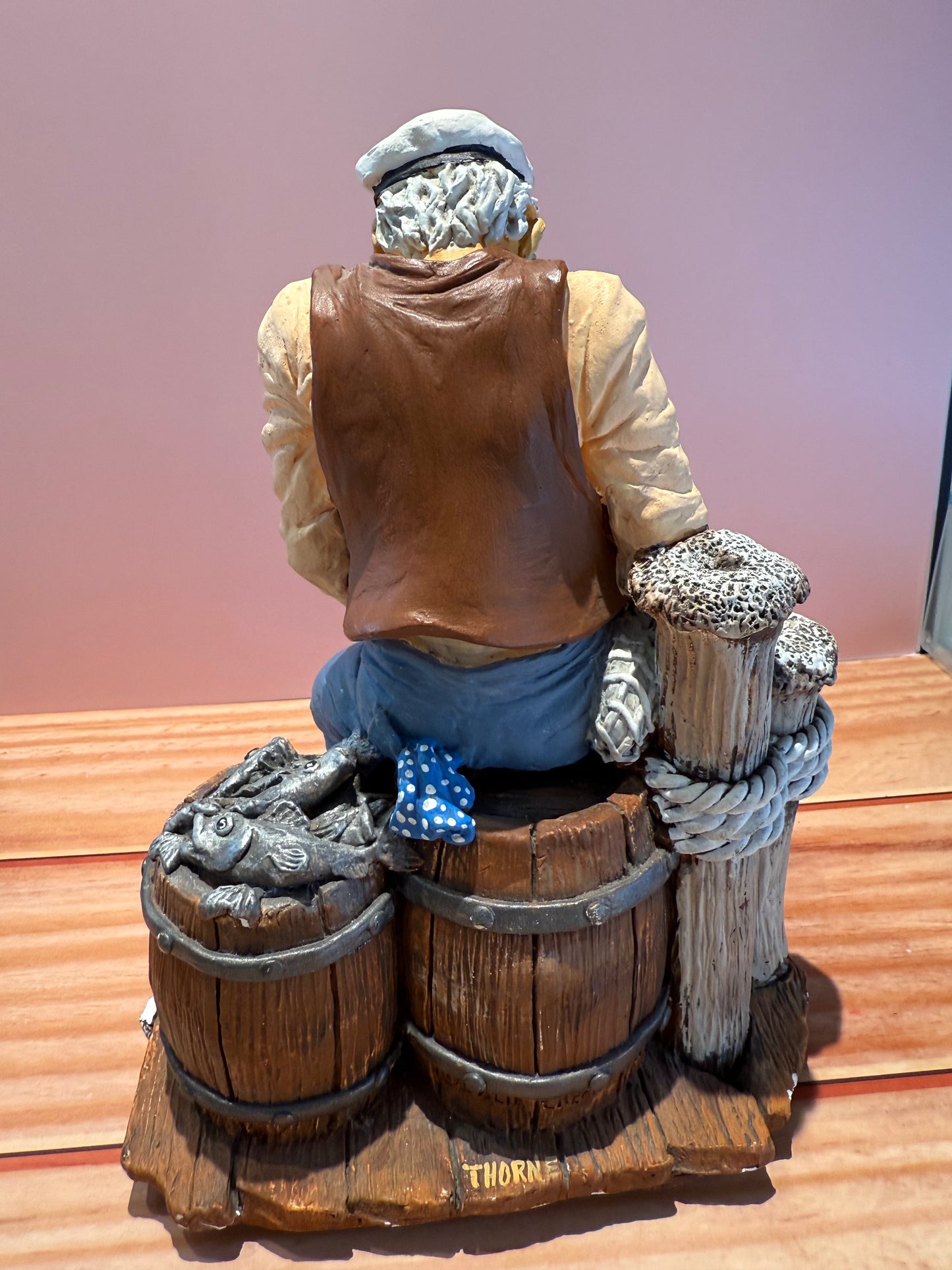 Hand-Painted Nautical Fisherman Figurine with Dog & Fish Barrel – Coastal Decor by Thorne