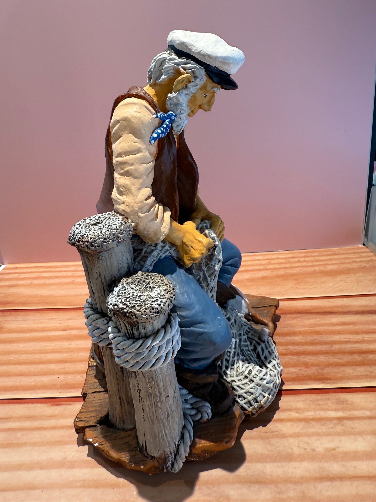 Hand-Painted Nautical Fisherman Figurine with Dog & Fish Barrel – Coastal Decor by Thorne